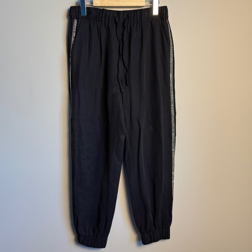 ZARA Black Jogger Pants Embellished Side Stripe Drawstring Waist Tencel Size S